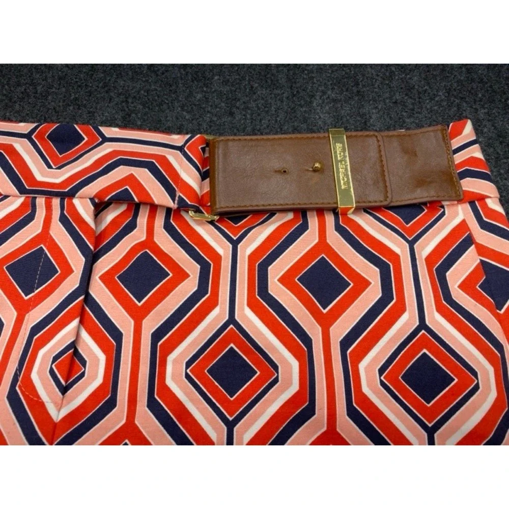 Michael Kors Pencil Skirt Womens 6 Orange Navy Geometric Diamond Belted 20in